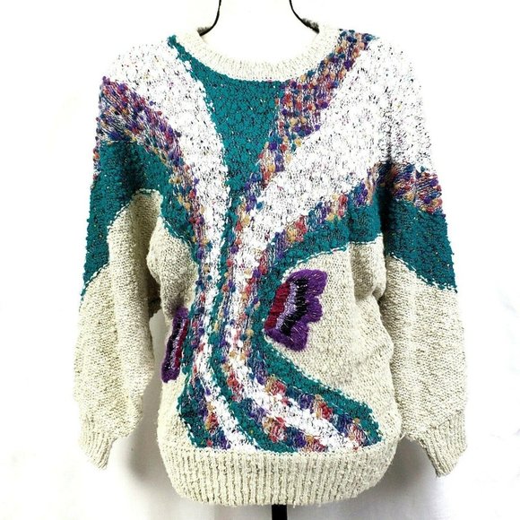 Vintage Sweaters - Vintage Carducci Sweater Beige Green Purple Boucle